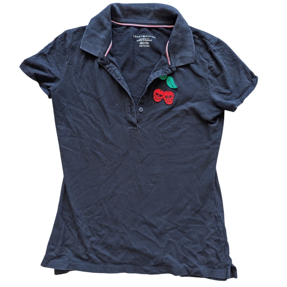 Custom‎ Polo XS Navy Blue Short Sleeve Polo Punk Cherries Skull Patch Cherry